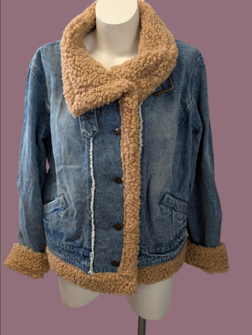 Denim Blue Classic Sherpa Jacket with Tan Trim Motto Style XL NWT